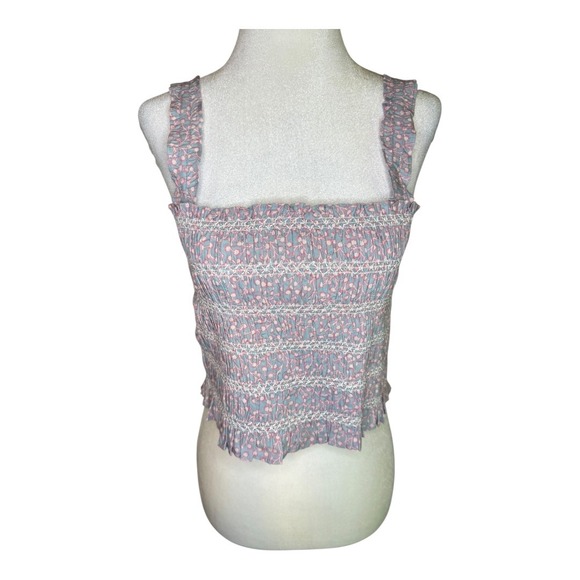 French‎ Connection Smocked Crop Top Floral Print Sleeveless Blue Pink Size 12 - Picture 1 of 6